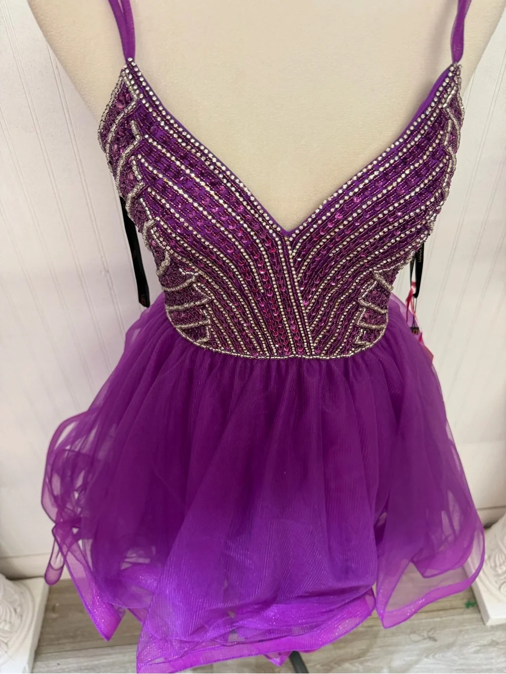 Beaded V-Neck Purple Tulle Mini Dress